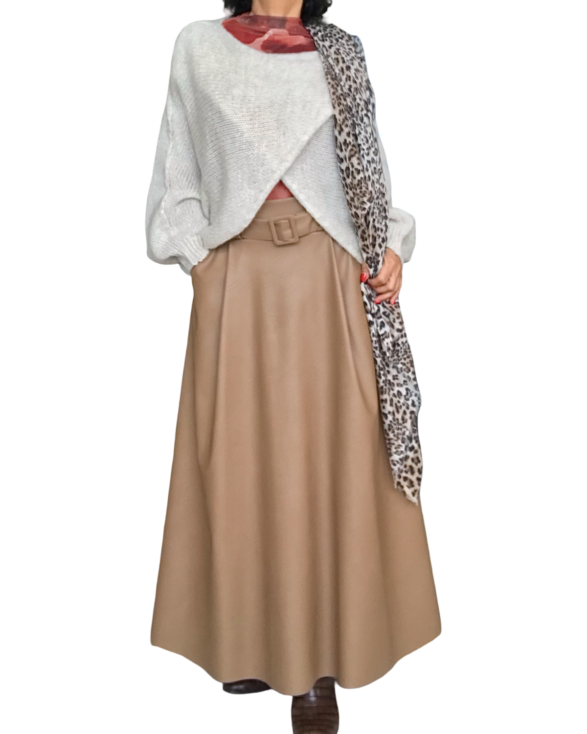 Chandail à manches longues en voile col montant motif floral rouille