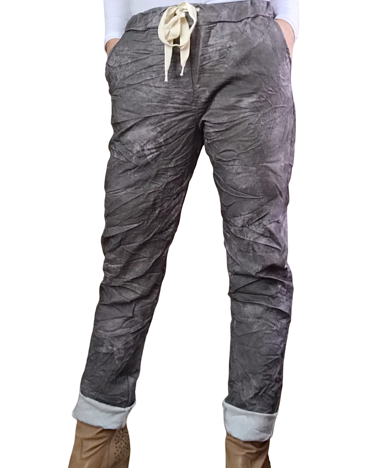Pantalon à taille élastique marbré gris et moka avec cordon à la taille