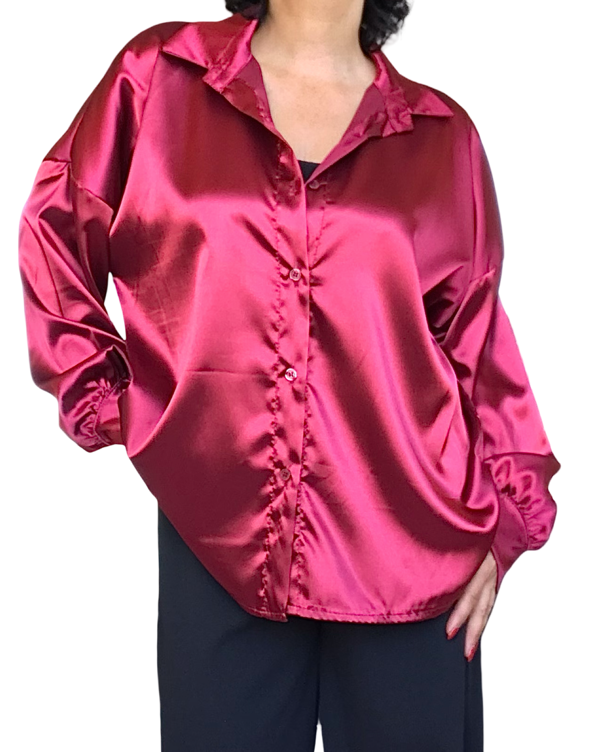 Chemise en satin rouge vin