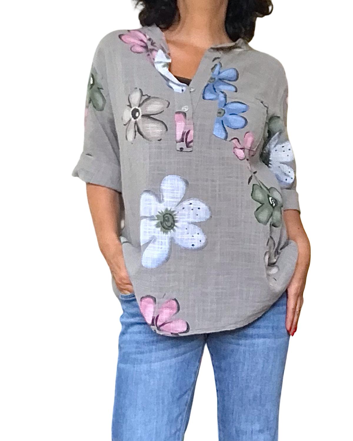 Blouse moka grosses fleurs bleu, rose, kaki et blanche