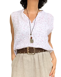 Blouse blanche sans manche petites fleuri rose, jaune et moka