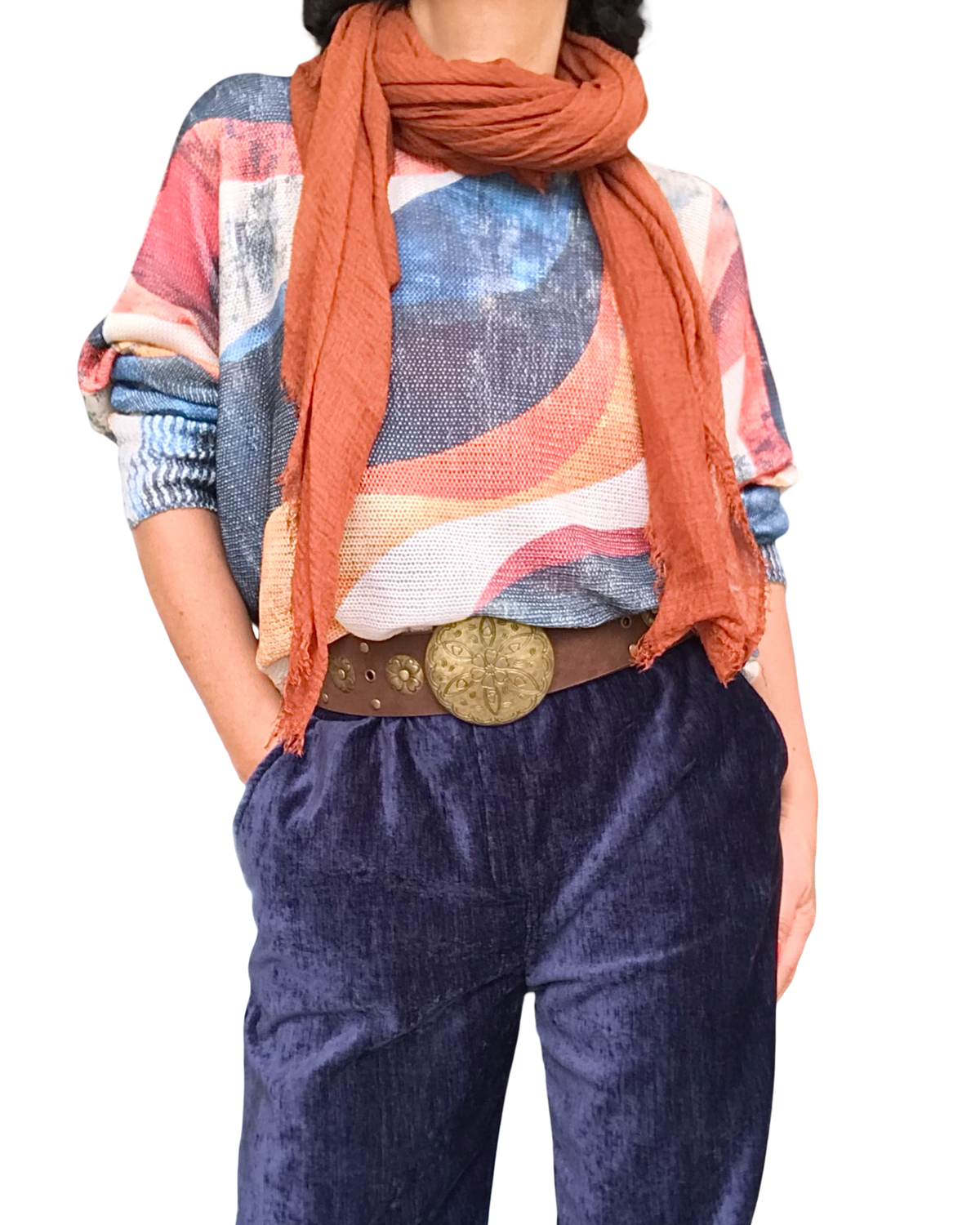 Chandail imprimé géométrique coloré, manche chauve-souris, fond crème