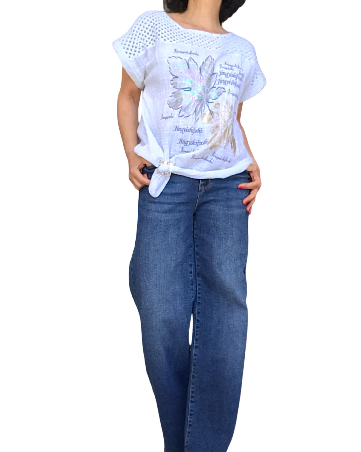 T-shirt blanc avec dessin de feuilles, garni d’une bande en crochet dans le haut