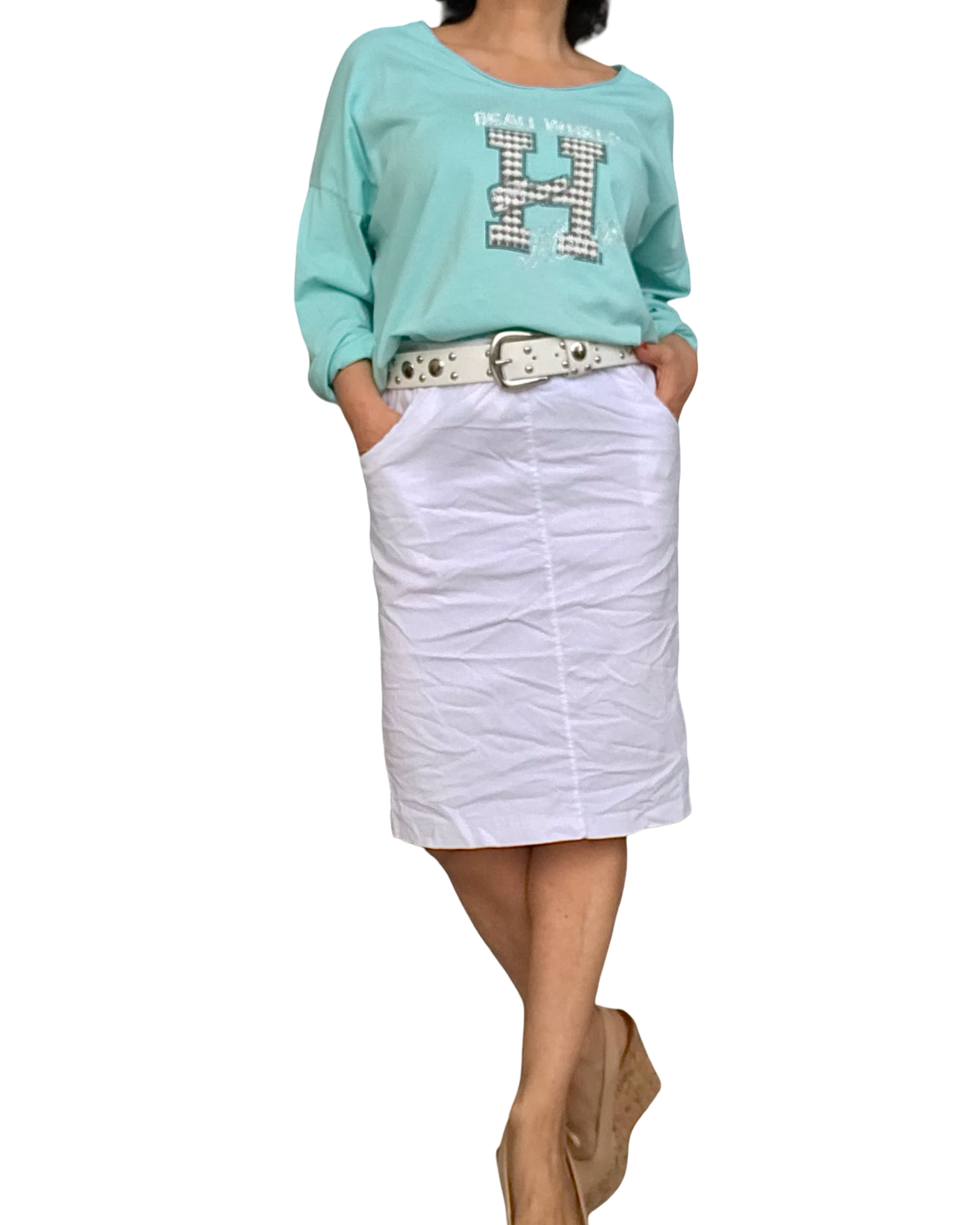 Jupe blanche froissée taille élastique avec cordon