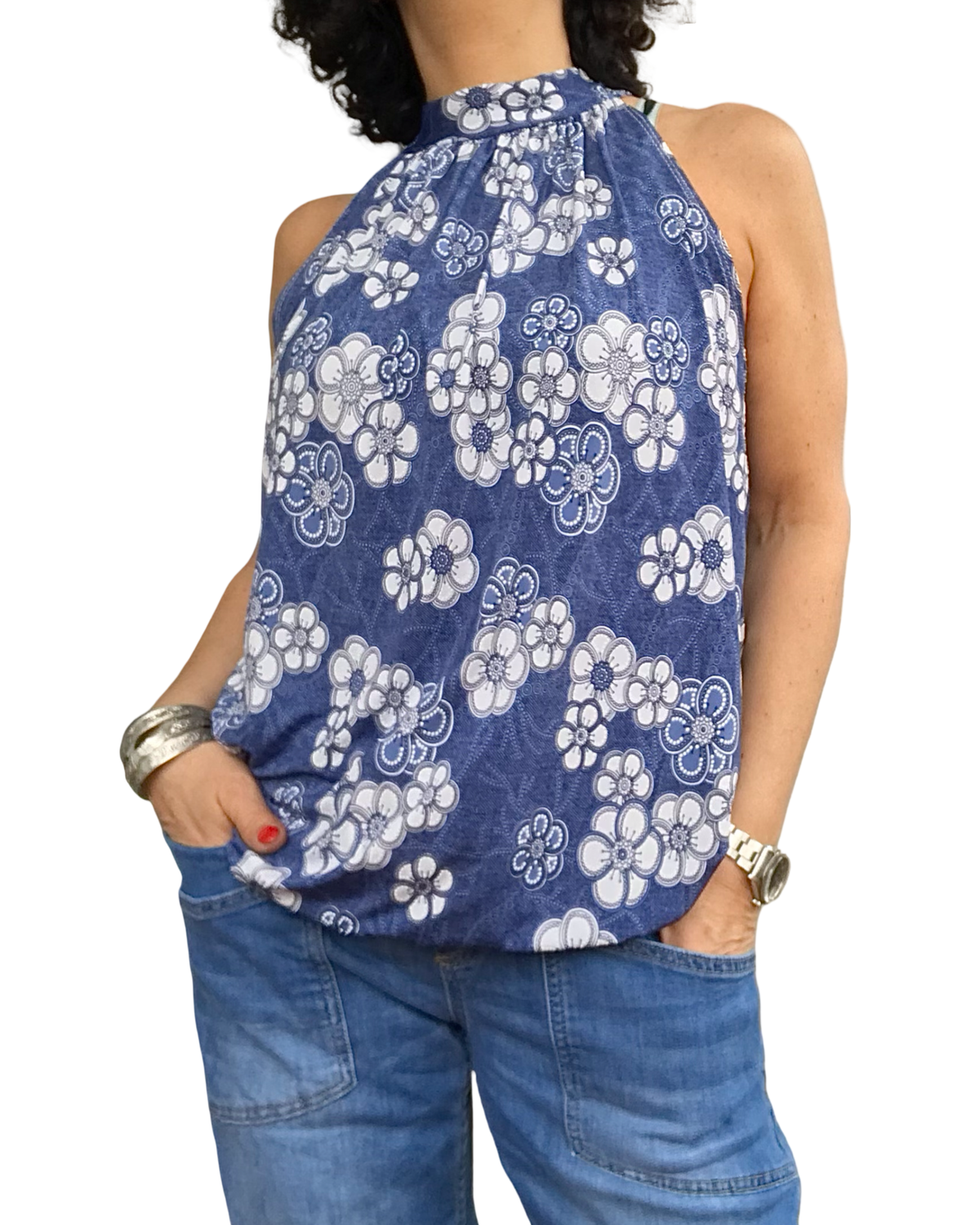 Camisole noué au cou bleu jeans à fleurs blanche(Livraison 8 juin)