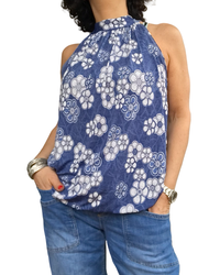 Camisole noué au cou bleu jeans à fleurs blanche(Livraison 8 juin)