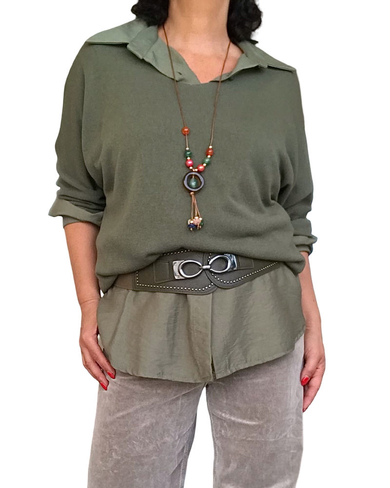 Chandail uni kaki, col en V manche 3/4