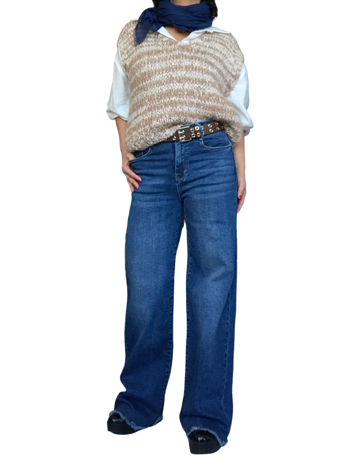 Débardeur en tricot col en V chiné camel et crème