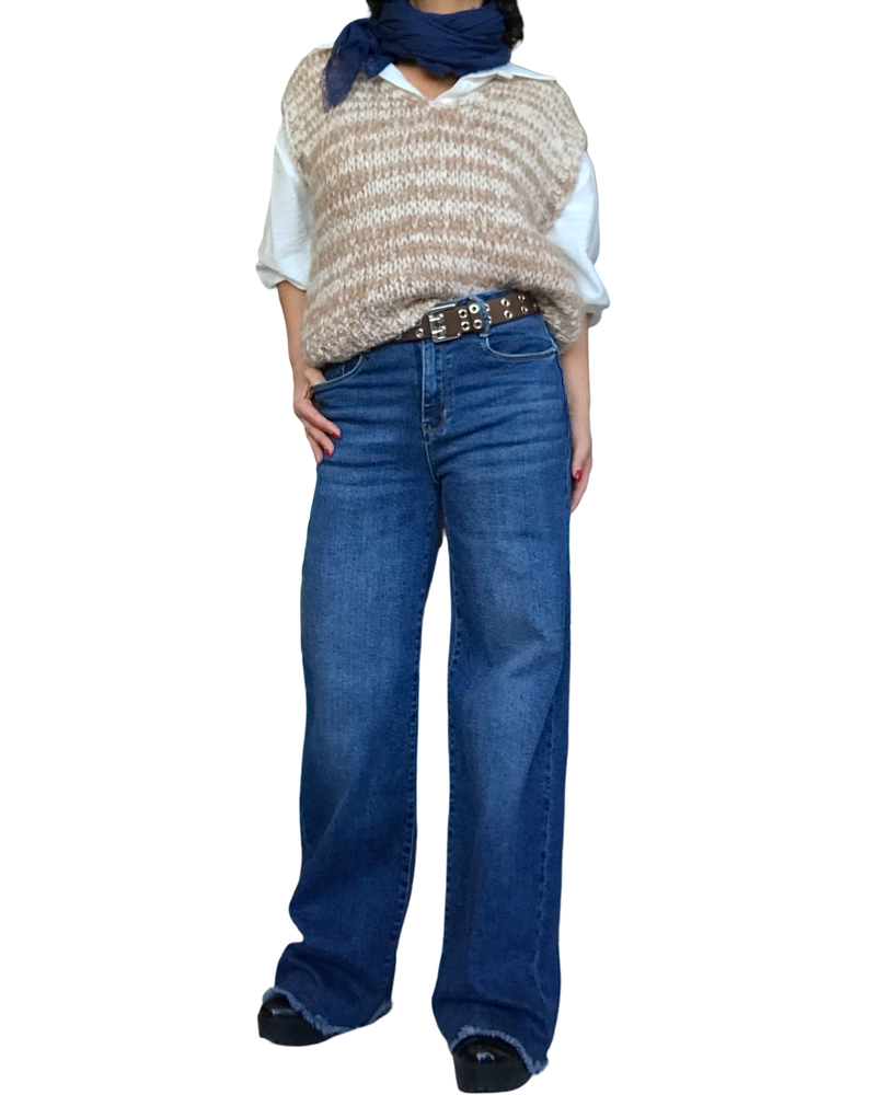 Débardeur en tricot col en V chiné camel et crème