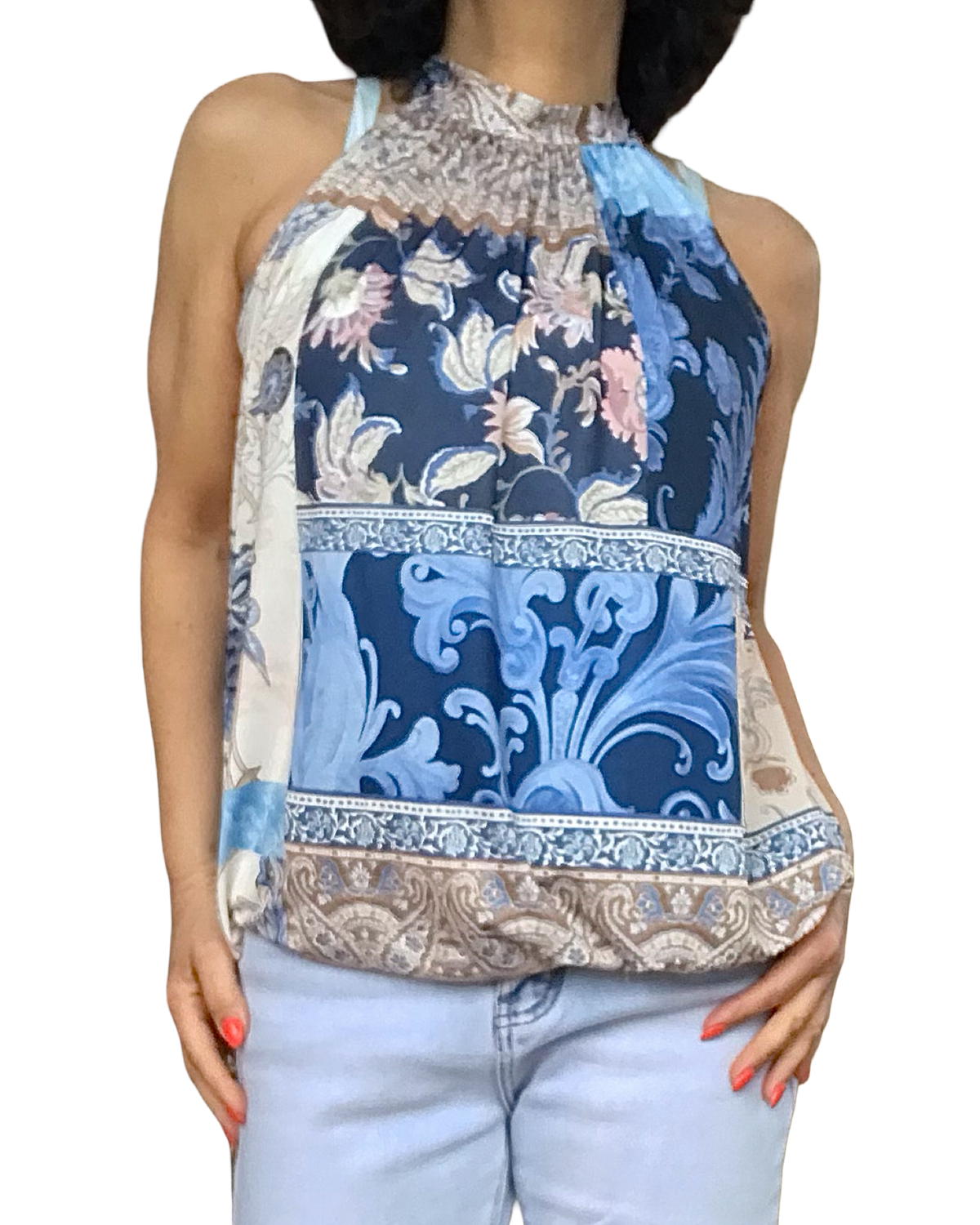 Camisole noué au cou fleuri bleu marin, beige et rose pâle