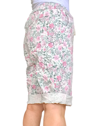 Bermuda imprimé de fleurs rose et aqua à taille élastique avec cordon
