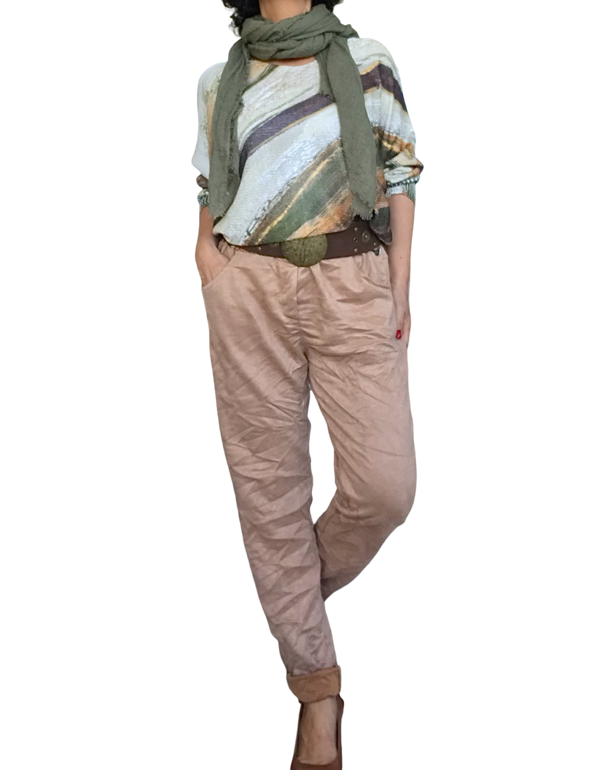 Chandail tricot crème, kaki camel et noir col en V manche chauve-souris