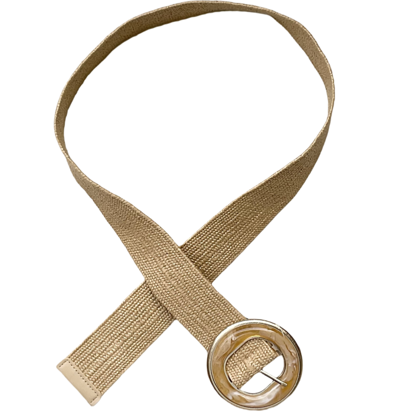 Ceinture en jute couleur miel avec boucle de 3,5 pouces de diamètre en plastique marbré miel et blanc