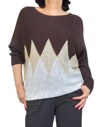 Chandail col rond en tricot brun, crème et losanges dorés