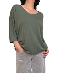 Chandail uni kaki, col en V manche 3/4