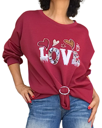 Chandail uni bourgogne col rond en jersey « Love »