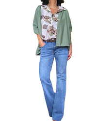 Chemise crème fleurie brun et kaki manche courte
