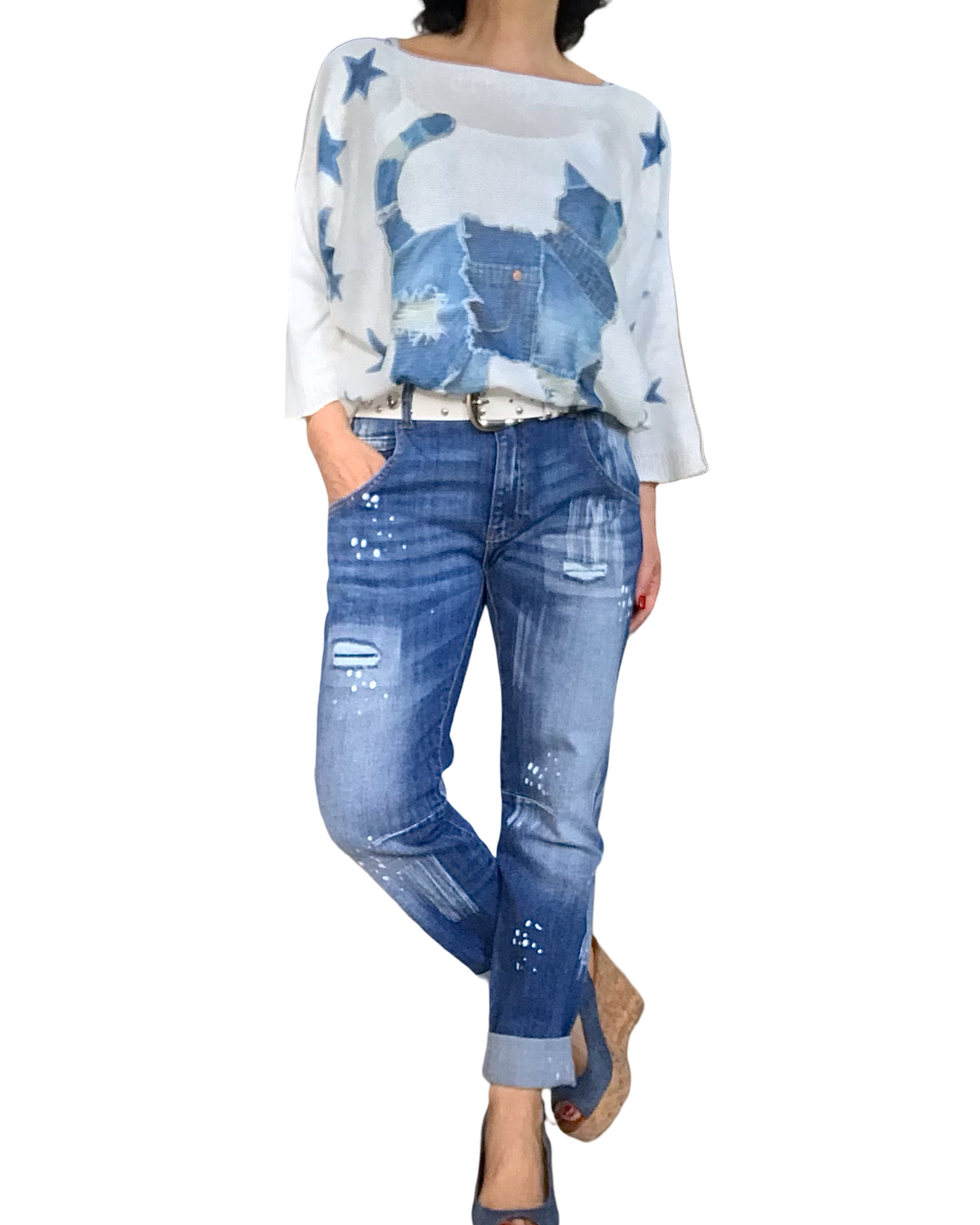 Jeans boyfriend bleu moyen délavé déconstruit avec des gouttes blanches dispersées