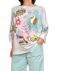 Chandail crème en tricot léger manche courte avec imprimé de fleurs Aqua, rose pâle et doré