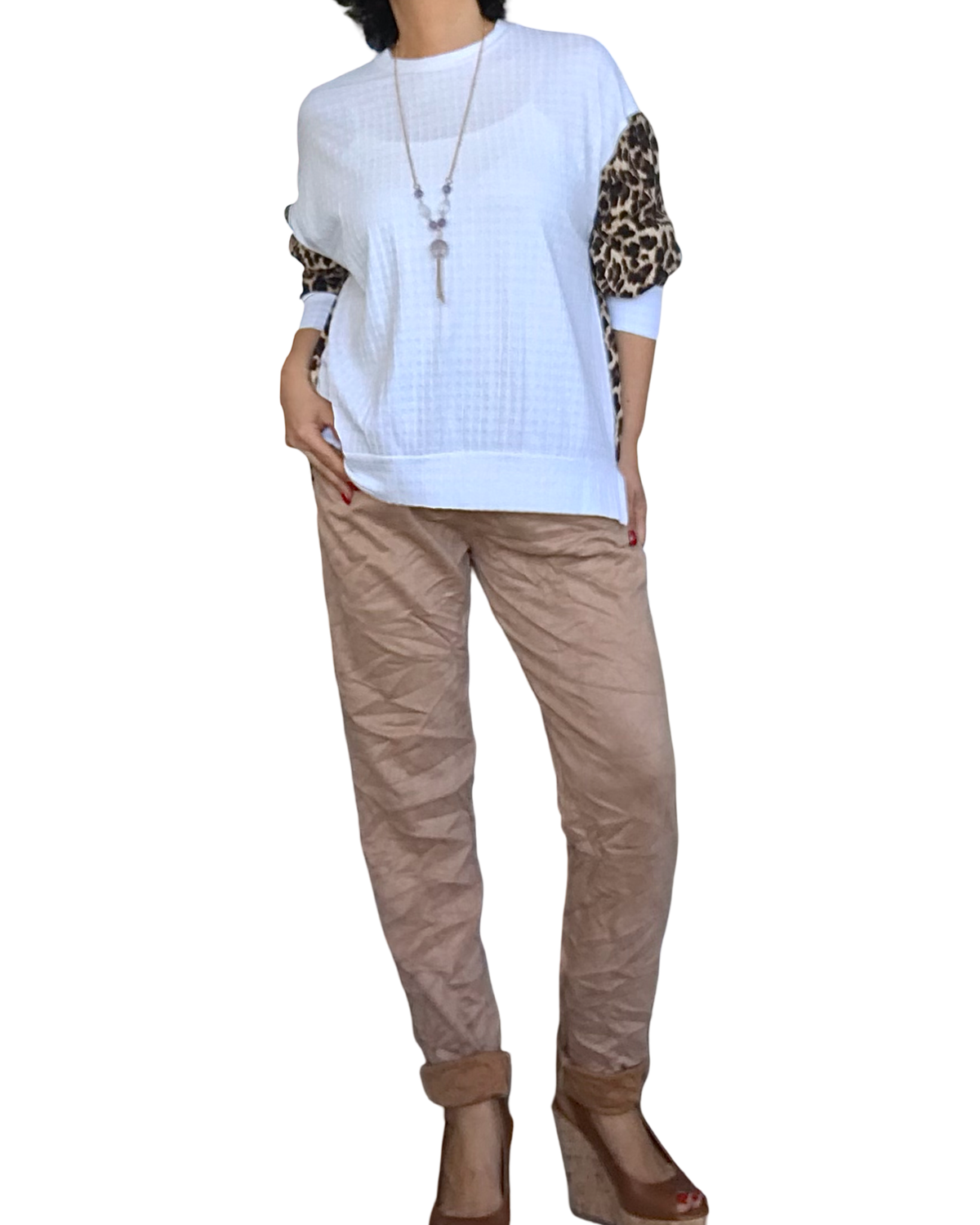 Pantalon camel en ultra suède à taille élastique avec cordon noir