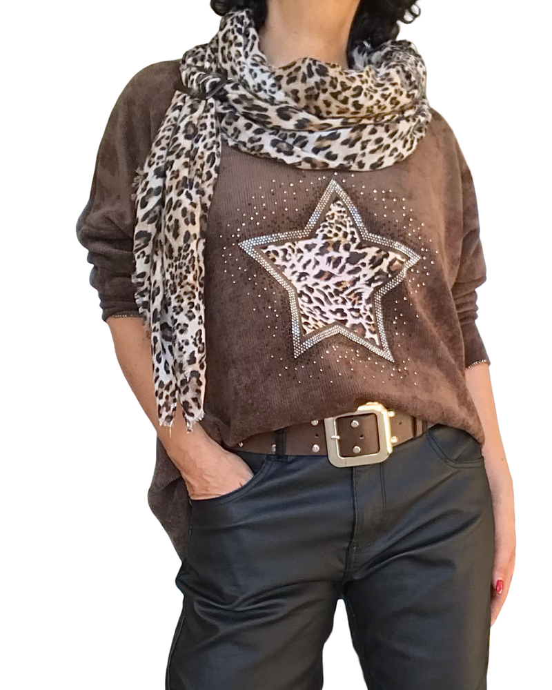 Chandail brun col en V en velours chenille avec une étoile en léopard
