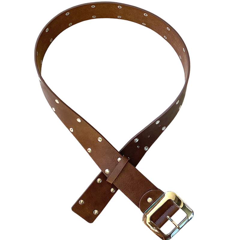 Ceinture en similicuir brune garni de clous argentés