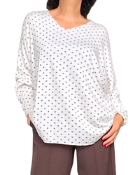 Chandail col en V blanc cassé à pois brun manche longue