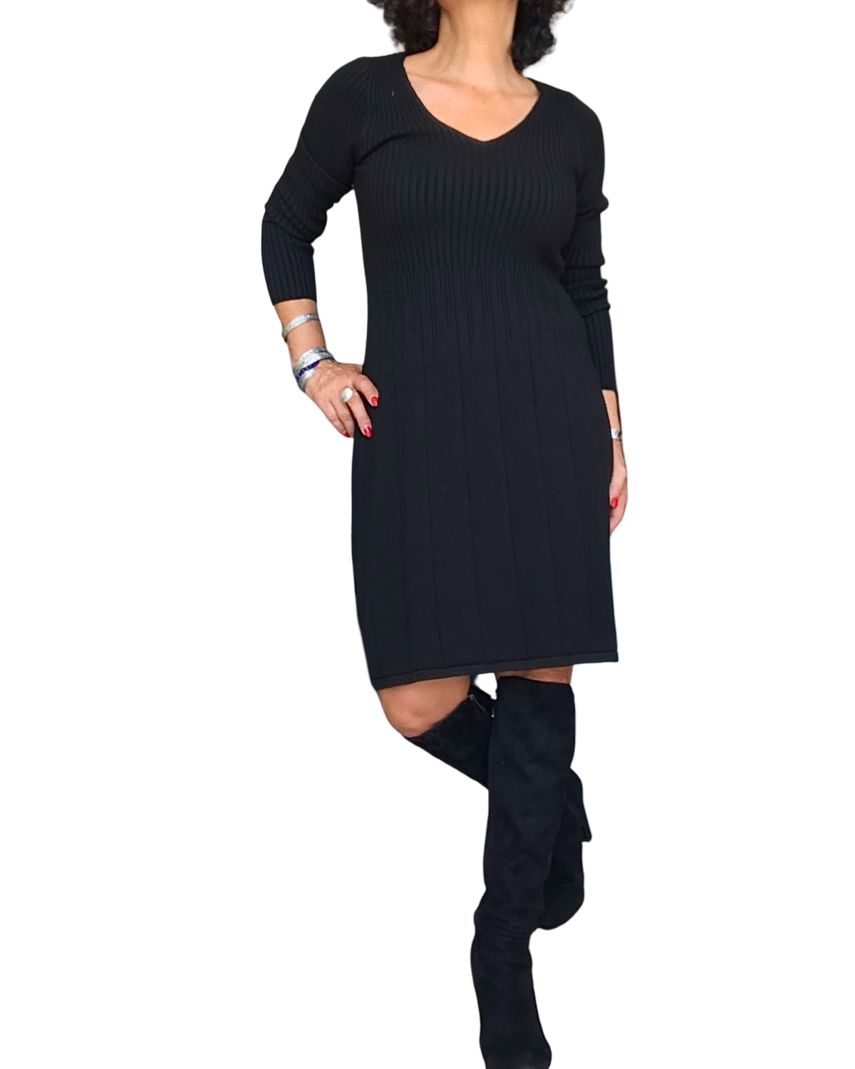 Robe en tricot noire au genou col en V – photo 3