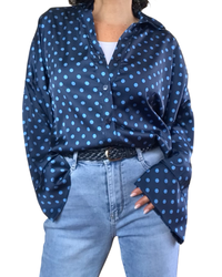 Chemise marine à pois bleu ciel en satin, manche 7/8