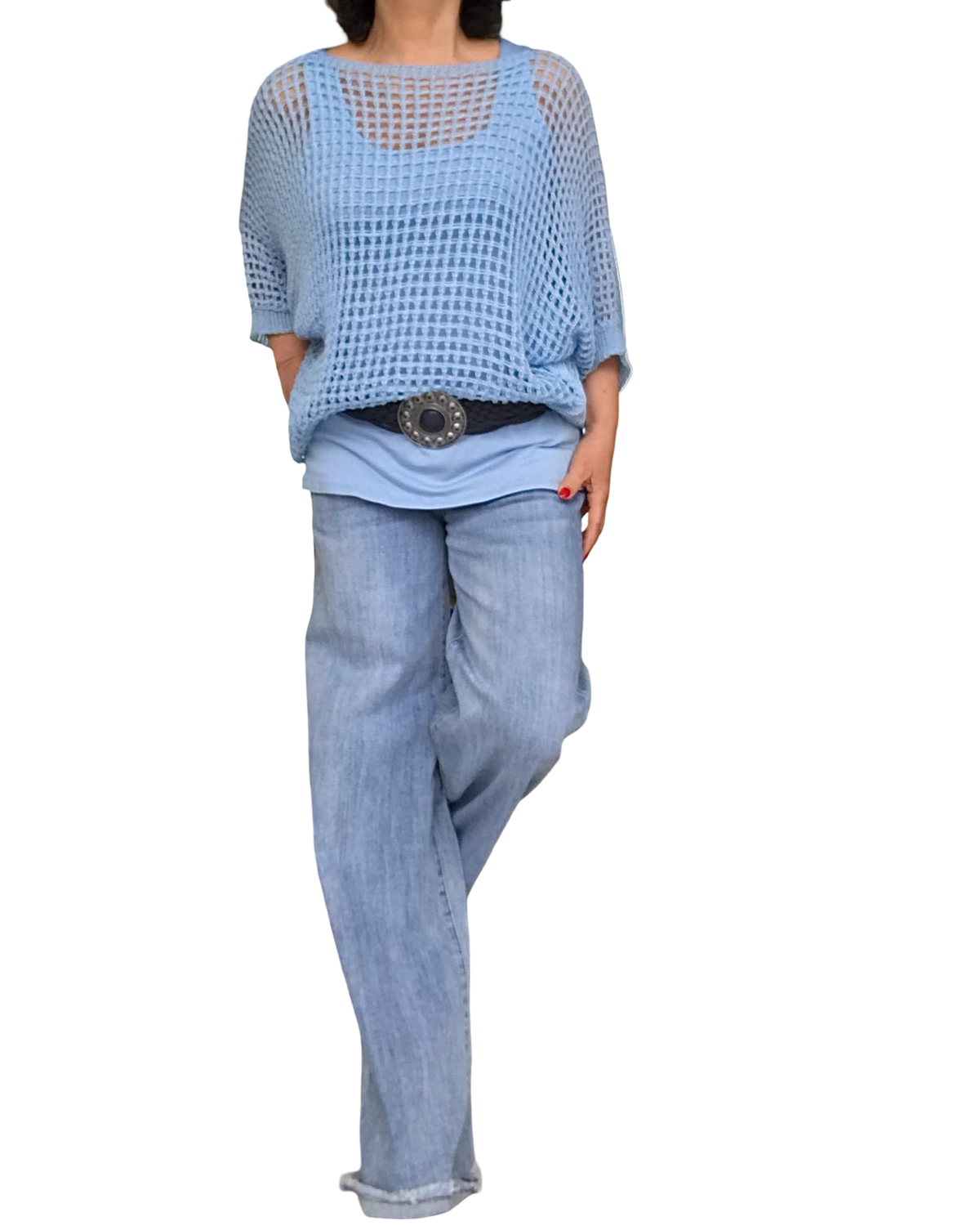 Chandail en crochet bleu ciel en grandes