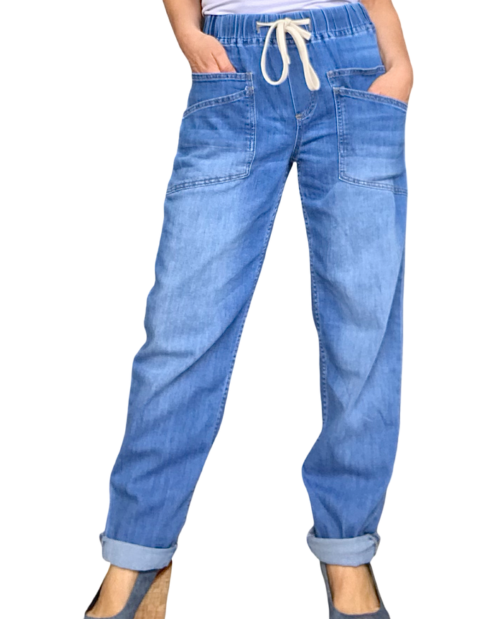 Jeans Funky bleu moyen délavé, cordon à la taille