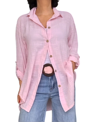 Chemise rose pâle unie à manche 3/4 col chemise