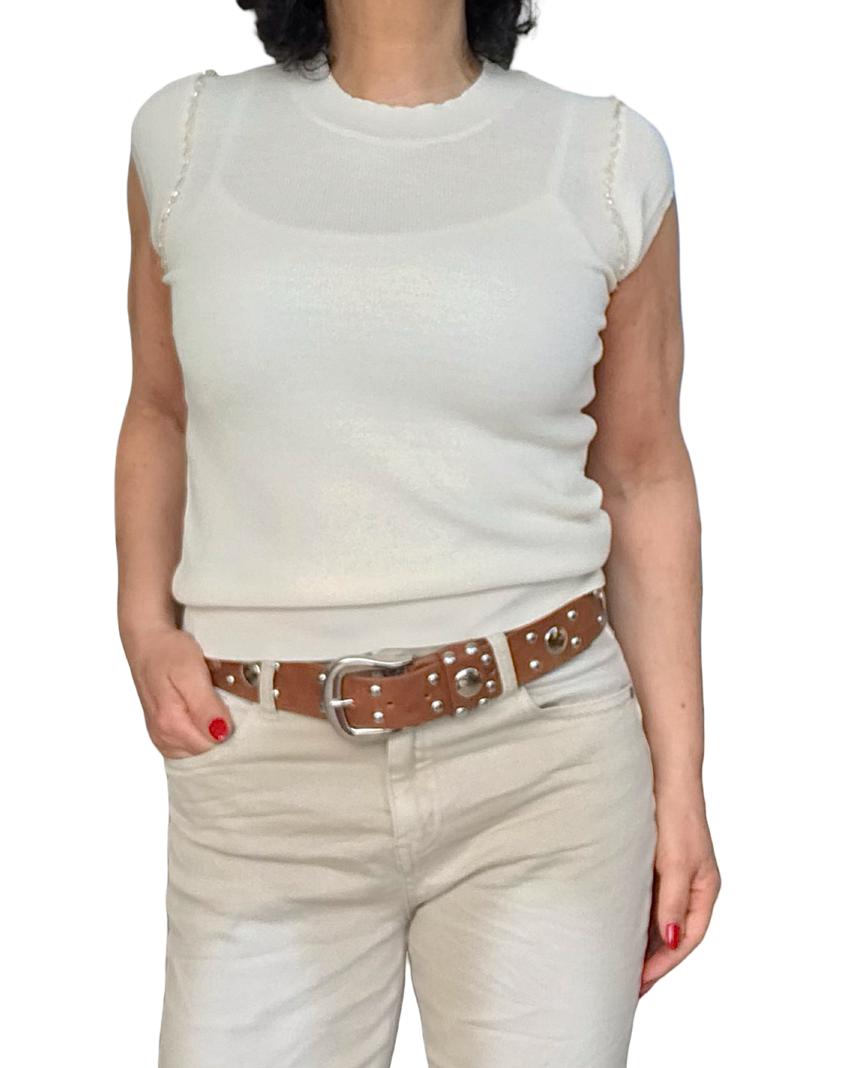 T-shirt uni vanille col rond garni de pierres sur chaque épaule