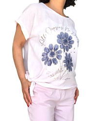 Blouse rose pâle manche courte avec 3 marguerites marines