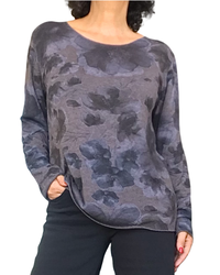 T-shirt manches longues brun à fleurs noires, brunes et grises en tricot angora et laine – vue de face