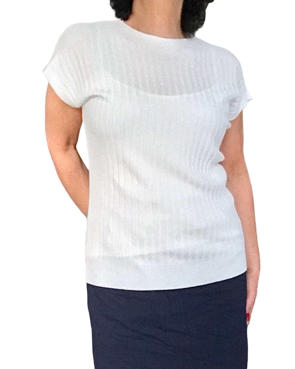 T-shirt côtelé uni blanc cassé col rond