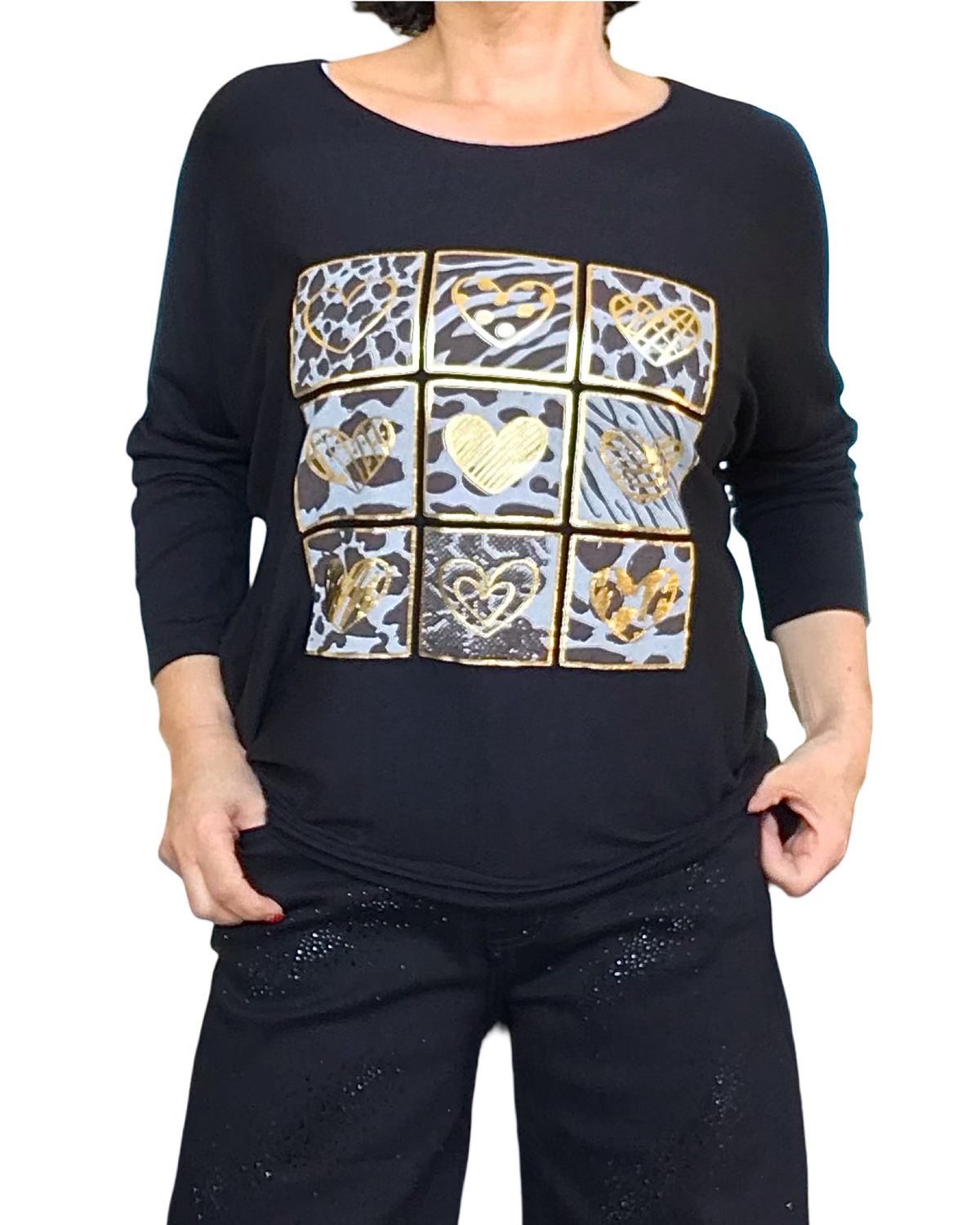 Chandail en tricot uni noir avec dessin de cœurs dorés, manche longue chauve souris