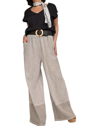 Pantalon beige délavé taille élastique, avec garniture en filet au bas