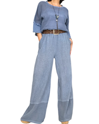 Pantalon bleu jeans délavé taille élastique, avec garniture en filet au bas