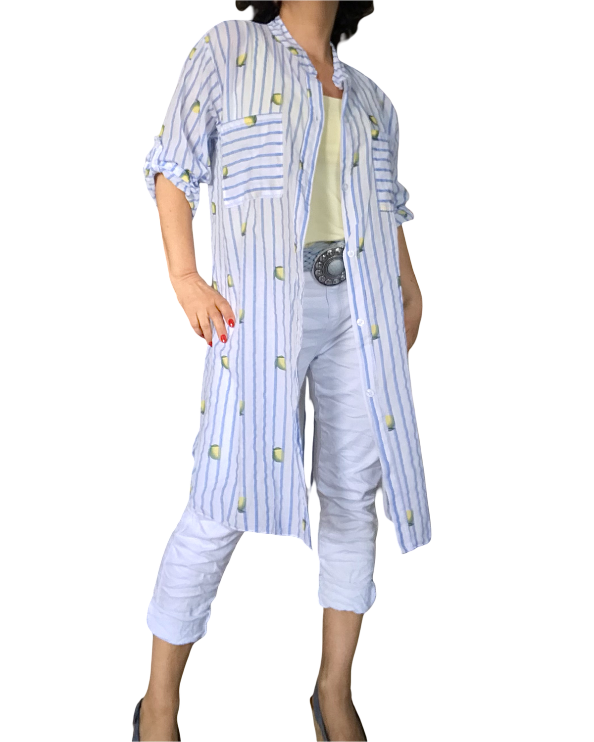 Chemise longue blanche à rayures bleu jeans imprimé de citrons