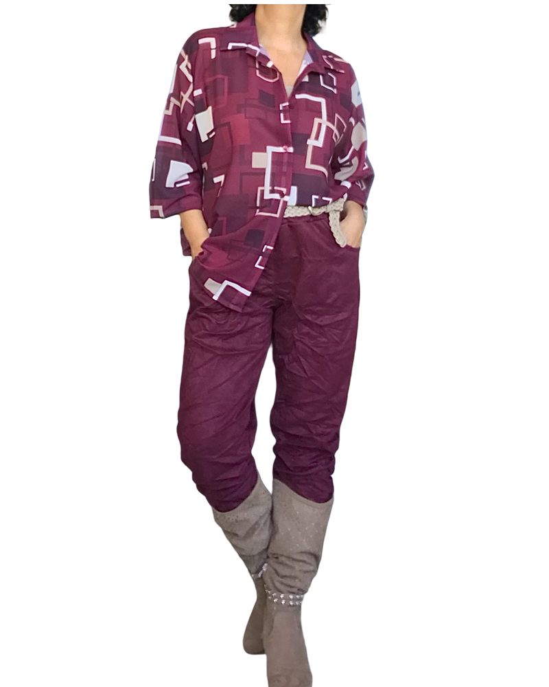 Chemise bourgogne à carreaux beige, crème et noir manche longue