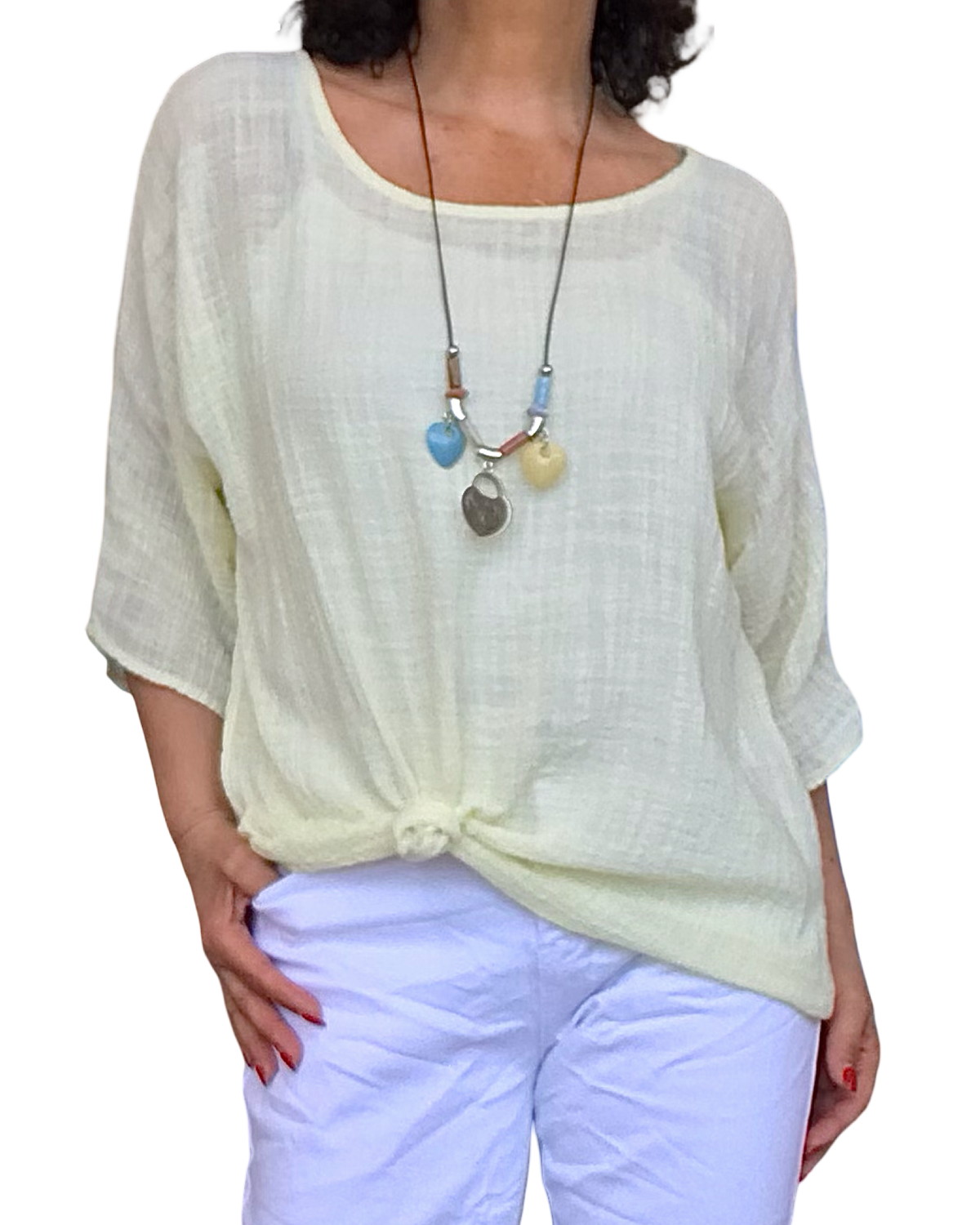 Blouse unie jaune pâle à manches courtes, col rond