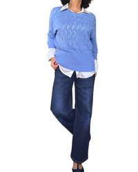 Chandail de tricot bleu jeans pointelle, manche 3/4