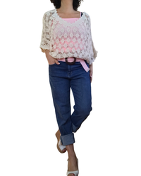 Chandail col en V en crochet losange beige manche courte