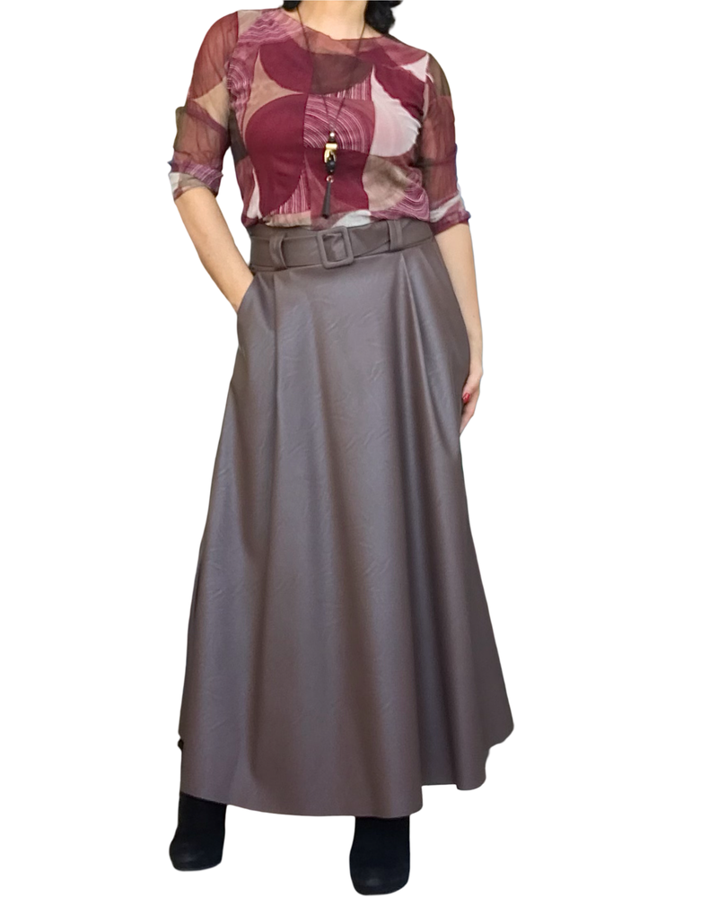 Chandail à manches longues en voile imprimé de demi-cercles bourgogne, brun et beige