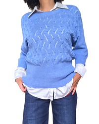 Chandail de tricot bleu jeans pointelle, manche 3/4