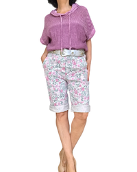Bermuda imprimé de fleurs rose et aqua à taille élastique avec cordon