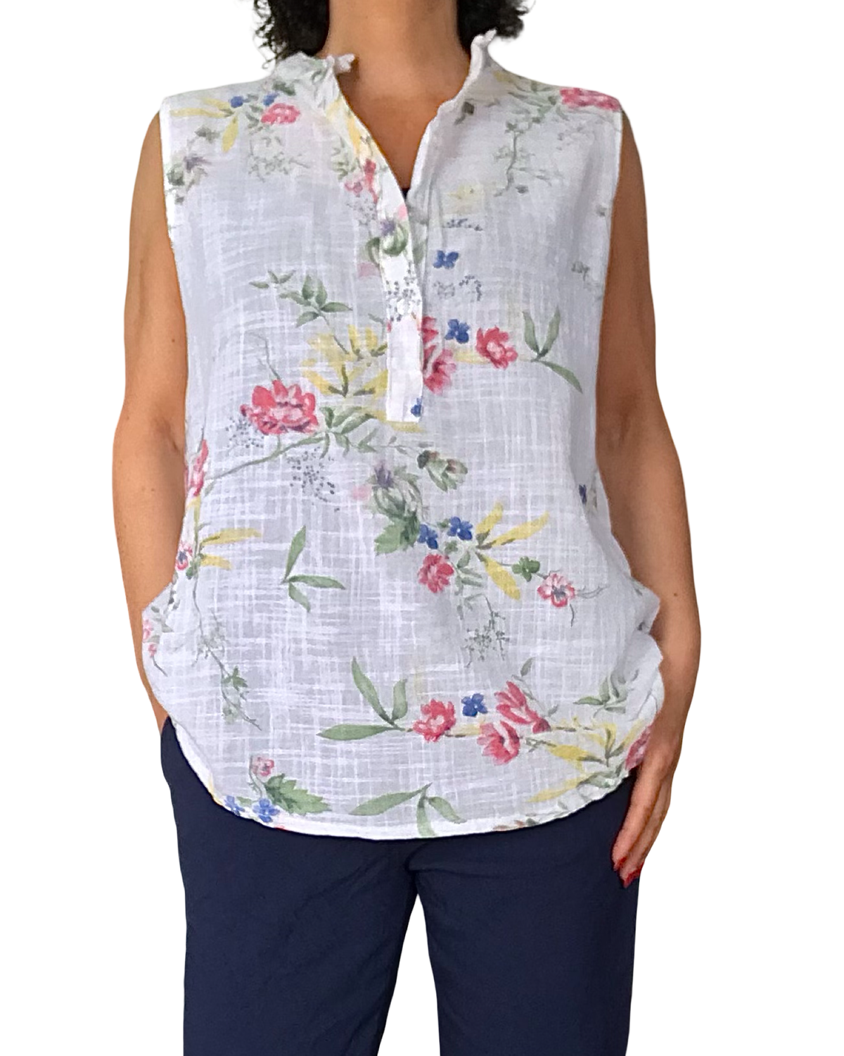 Blouse blanche sans manche petites fleurs bleu, jaune, rose, rouge et vert