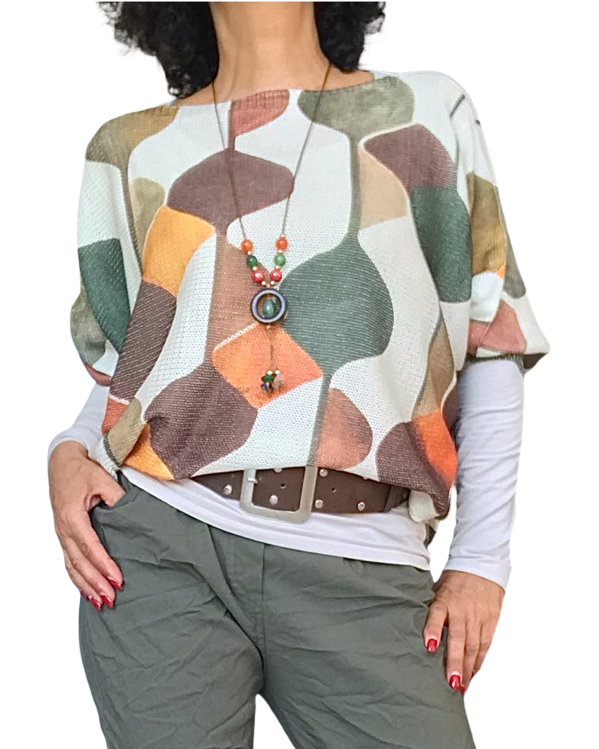 Chandail en mailles motif Groove rétro à cercles beige, brun, orange et noisette avec long collier