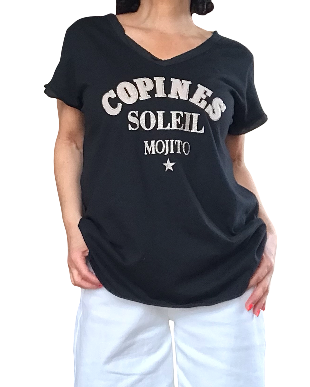 T-shirt noir « Copines Soleil Mojito» col en V
